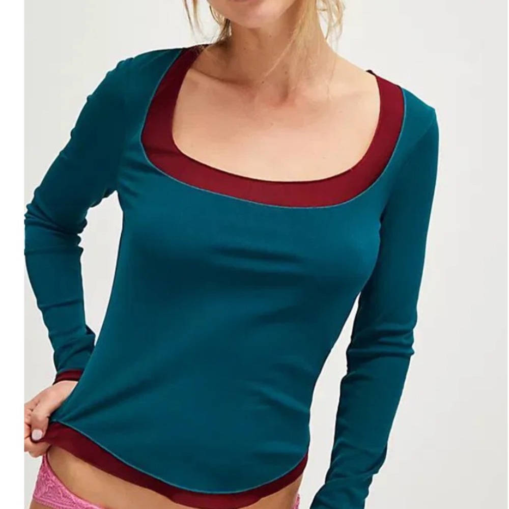 Free People Teal and Burgundy Long Sleeve Tee
